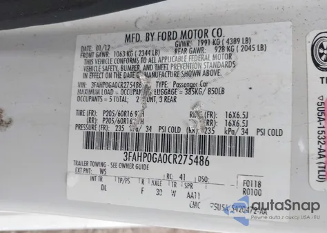 2012 Ford Fusion S z USA, uszkodzony, nr VIN 3FAHP0GA0CR275486